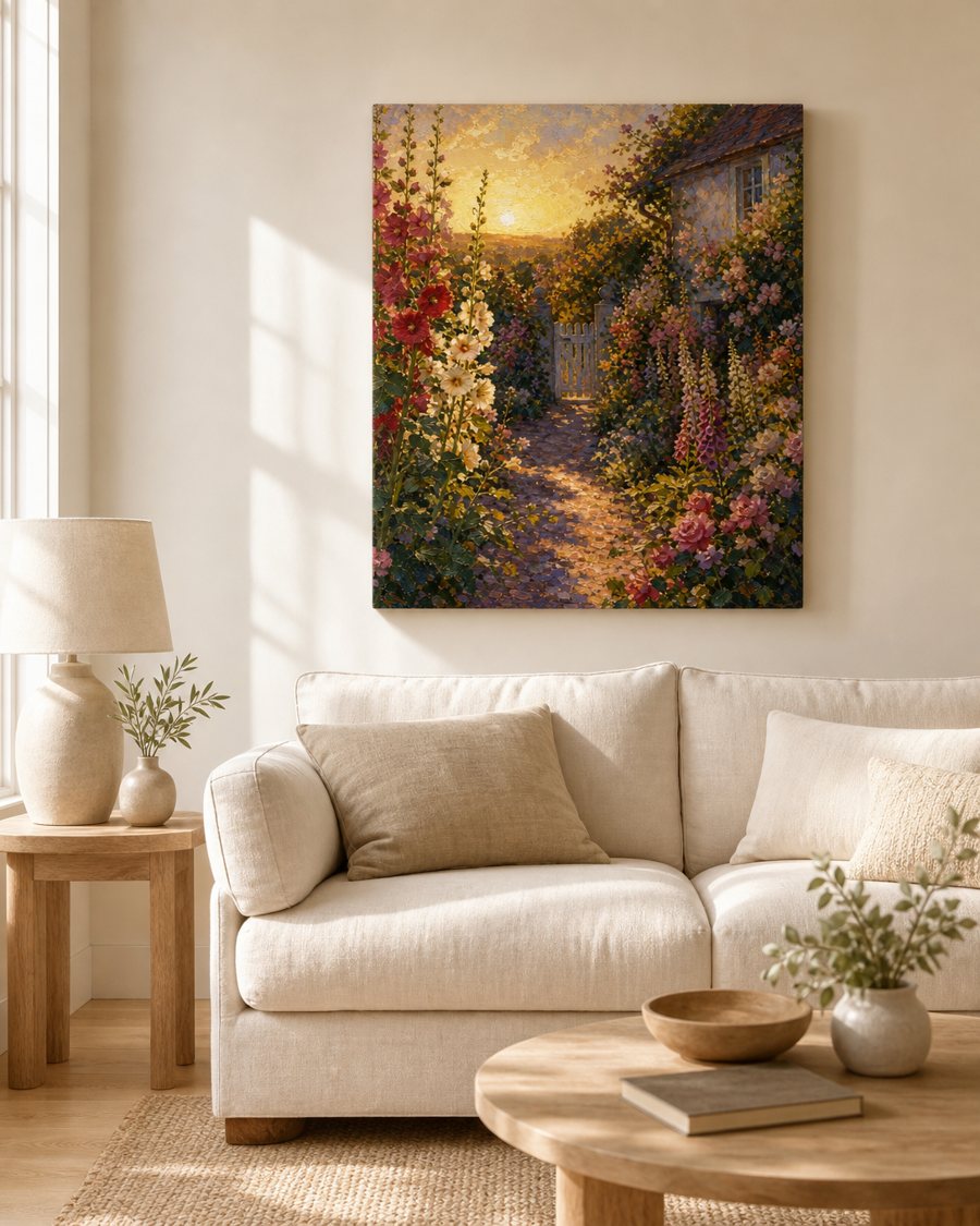Gardens collection: Hollyhock Gate canvas in a room