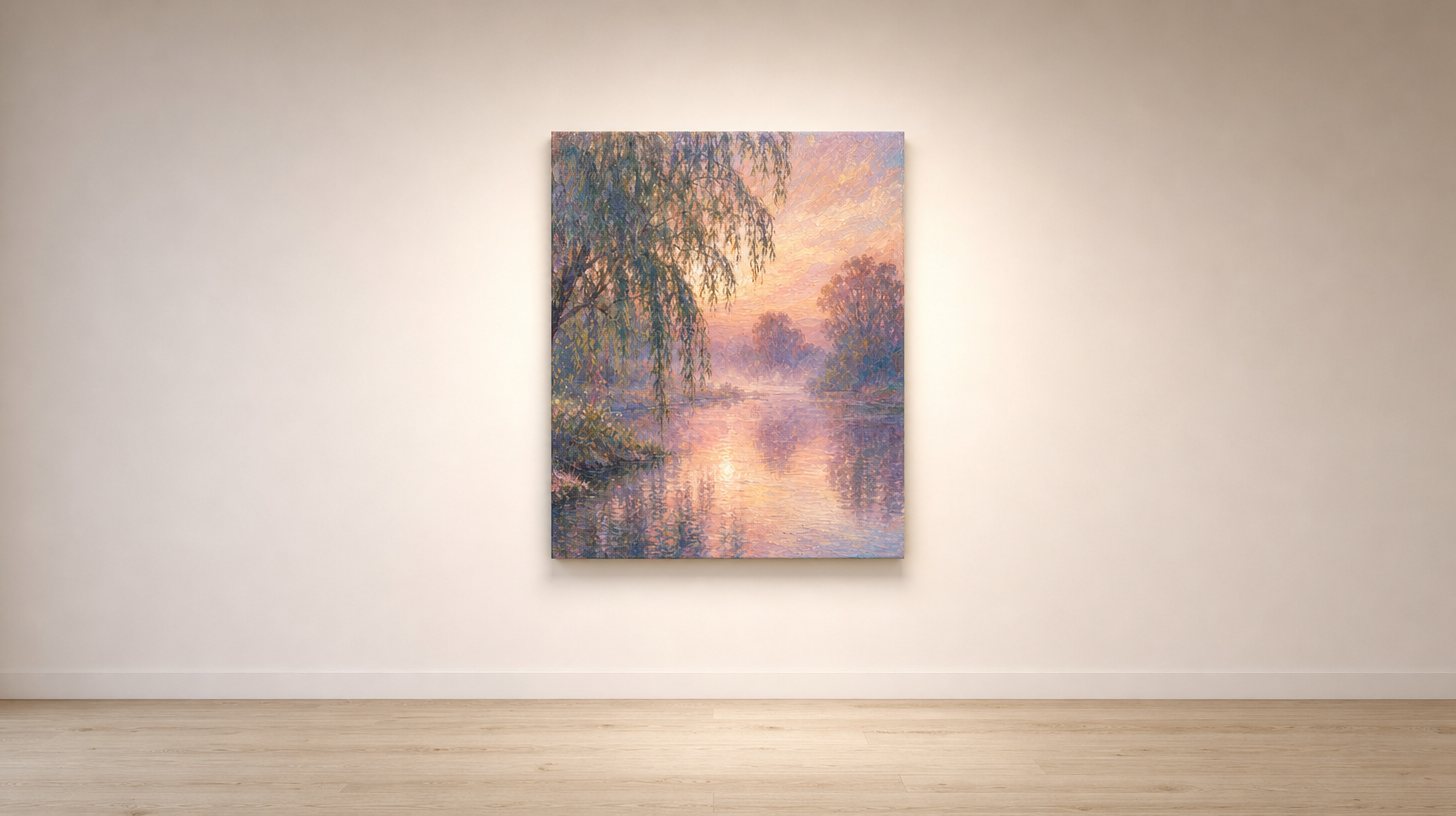 Willows at Dawn canvas hanging alone on a softly lit gallery wall